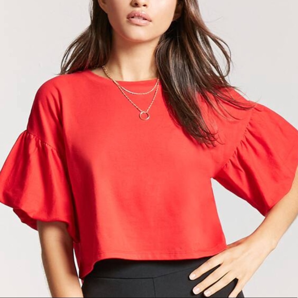 Red Boxy Puff Sleeve Crop Top